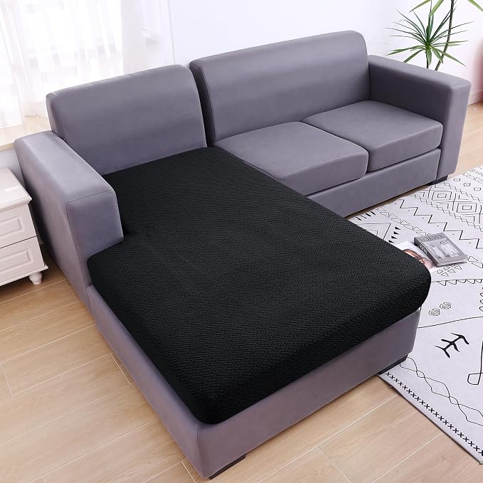 Smiry Waterproof Couch Cushion Covers, L Shape Sectional Couch Covers | Stretch Jacquard Chaise Lounge Sofa Slipcover, Washable Elastic Furniture Protector for Pets, Chaise XL, Black - Image 5