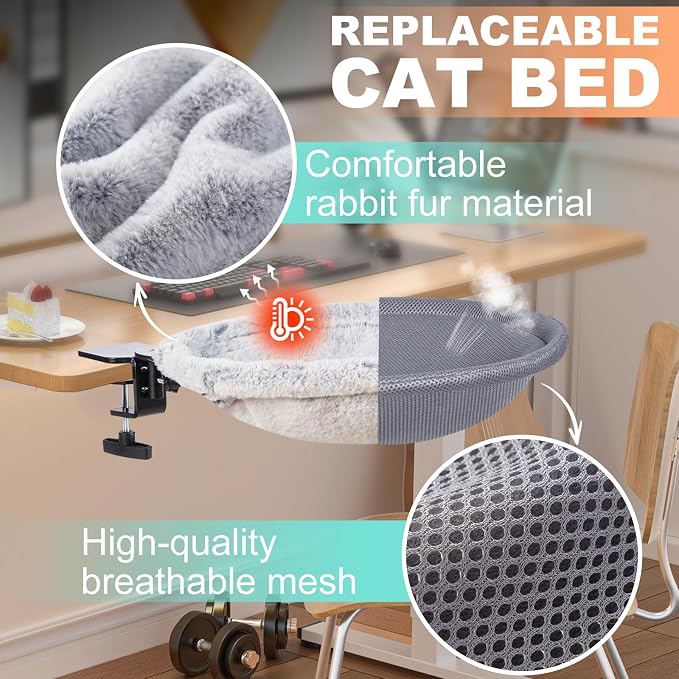 Uross Cat Desk Bed - 180° Rotating Soft & Comfortable Rabbit Fur Bed, Modern Indoor Cat Nest Furniture for Office Desks and Game Tables, Island Table-Supports 50 lbs-(Lightgrey) - Image 6