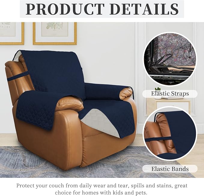 ISSUNTEX Double Protection 100% Waterproof Recliner Covers for Living Room, Reversible Furniture Protector Recliner Couch Sofa Slipcover for Dogs, Pets, Kids (Oversized Recliner, Navy/Ivory) - Image 5
