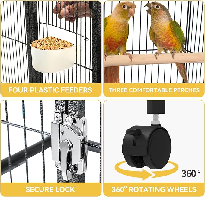 DWVO 41-inch Metal Bird Cage | Large Parrot Cages with Rolling Stand​ - Features Tray, Food Boxes & Wooden Perches - Image 6
