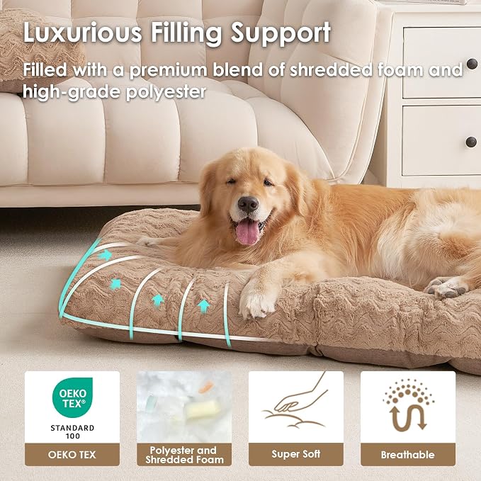 EHEYCIGA Washable XL Dog Bed for Crate 41x27 Inch, Kennel Pad for Extra Large Dogs Up to 65 lbs, Plush and Comfy Pet Sleeping Mat, Camel - Image 2