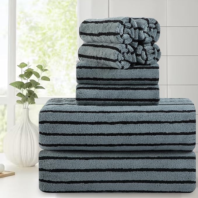 Mistyrose Bath Towels,8 Pack Large Black Stripe Bath Towels Set Super Absorbent Microfiber Bath Sheets-2 Oversized Bath Sheets 2 Hand Towels 4 Washcloths for Family Hotel Spa Gym by Mistyrose
