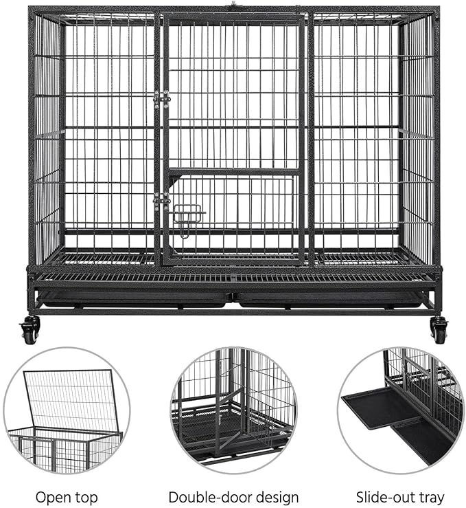 Yaheetech 43in Heavy Duty Escape Proof Dog Crate Cage w/Double Doors, 2 Removable Trays, Lockable Wheels, Indestructible Dog Kennel for Medium/Large Dogs