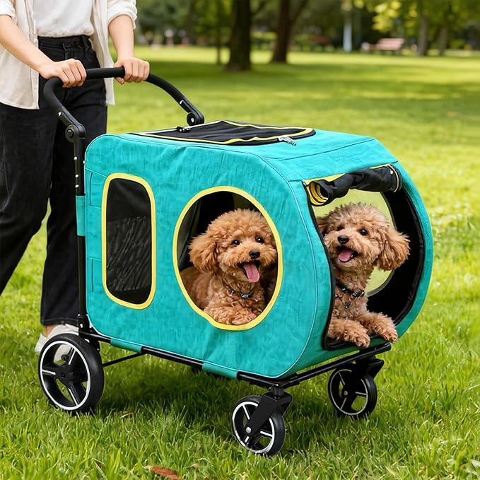 2025 Upgraded Dog Stroller for Large & Medium Dogs，Pet Stroller for 2 Small Dogs, Foldable Jogger Wagon with Detachable Carrier for Car Seat, Adjustable Handle, Up to 90 lbs, Blue