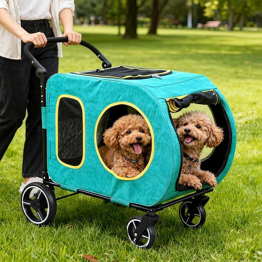 2025 Upgraded Dog Stroller for Large & Medium Dogs，Pet Stroller for 2 Small Dogs, Foldable Jogger Wagon with Detachable Carrier for Car Seat, Adjustable Handle, Up to 90 lbs, Blue
