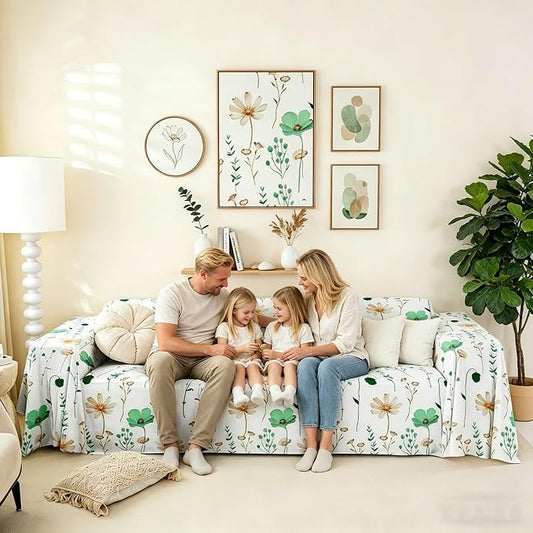 Erosebridal Watercolor Floral Couch Cover Emerald Green Beige Flower Sofa Cover 71" X 134" Modern Minimalist White Couch Protector for Sectional Sofasrustic Farmhouse Washable Non Slip Sofa Protector by Erosebridal