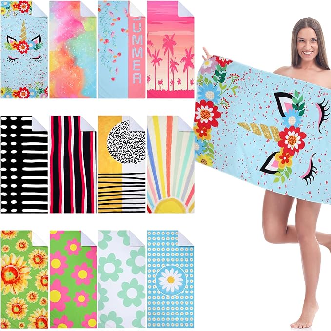 Newwiee 12 Pieces Large Microfiber Beach Towel Set Oversized 59 x 27.5 Inch Beach Pool Towel Bulk Quick Dry Lightweight Colorful Soft Absorbent for Adults Travel Swimming Supplies(Blue Unicorn) - Image 8