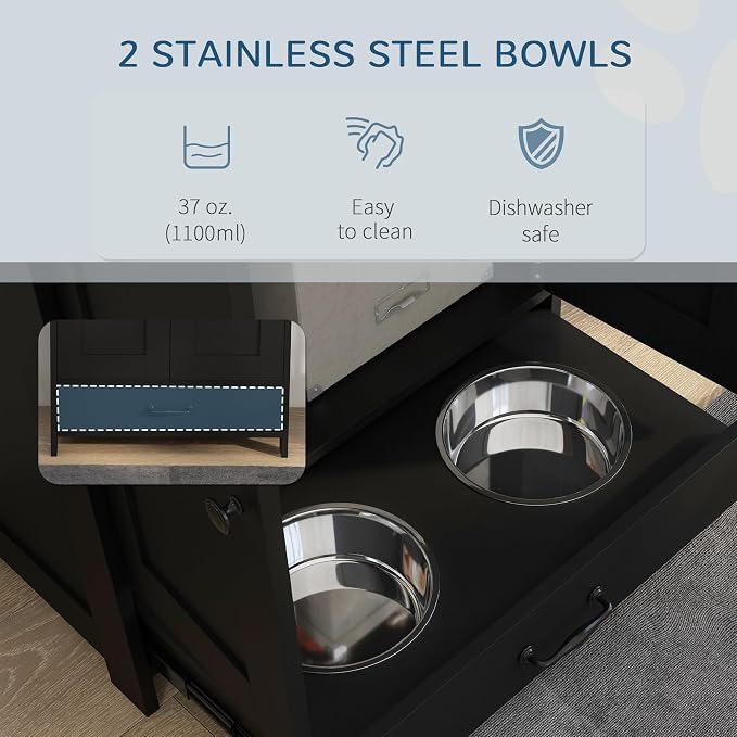 PawHut Pet Feeding Station Elevated Dog Bowls for Medium Sized Breed Black | Dog Food Storage Cabinet, Hidden Bowls, Adjustable Panel, Hooks - Image 6