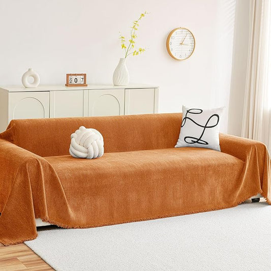 hyha Couch Cover for Dogs, Boho Chenille Sofa Cover for 3 Cushion Couch | Anti-Scratch Washable Sofa Slipcover, Loveseat Sectional Couch Throw Blankets with Tassels (Orange, 88.5x118 Inch) by hyha