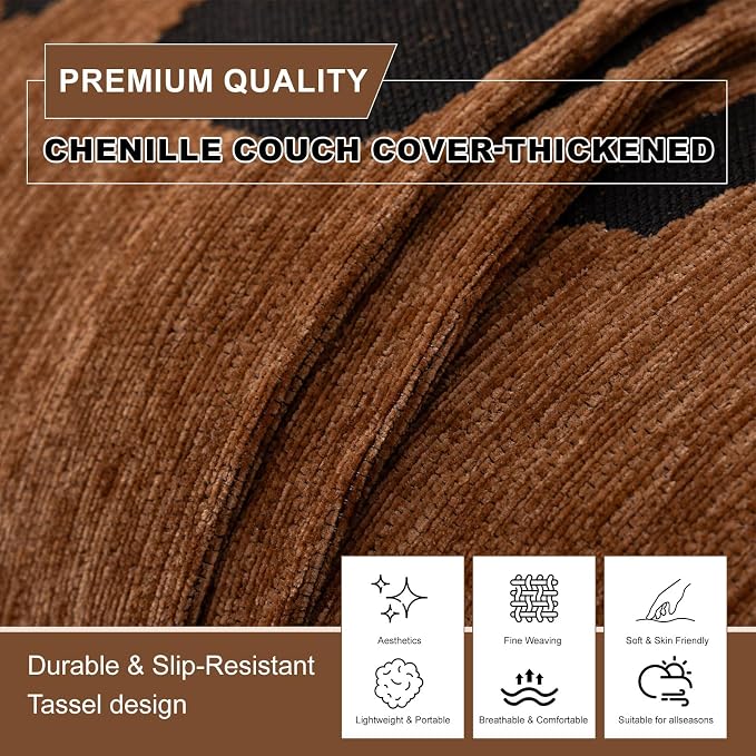 ROOMLIFE Dark Brown Couch Cover 3 Cushion Sofa, Washable Non Slip Furniture Sofa Protector Cover, Soft Chenille Sofa Slipcovers Sectional L Shape Dogs Couch Cover Throw Blanket with Tassels71''X150'' - Image 4