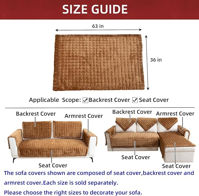 Couch Cover Sectional Couch Covers Non Slip Sofa Covers Washable for 3 Cushion Couch L Shaped Couch Protector Sofa Slipcovers for Kids Dogs Pets,Velvet,Coffee,36''x63''(Only 1 Piece) - Image 3