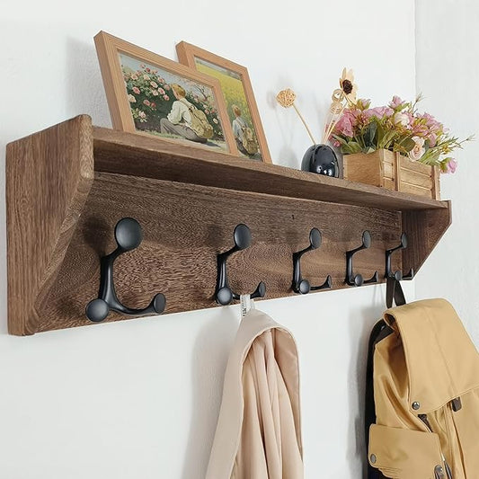 SKOLOO Wall Shelf with Hooks, 35-Inch Weathered Brown Wall Mounted Coat Rack with Shelf Organizer - Lightweight & Sturdy​​, 5 Tri Hooks - Perfect for Entryway, Hallway, Living Room, Bedroom, Mudroom by SKOLOO