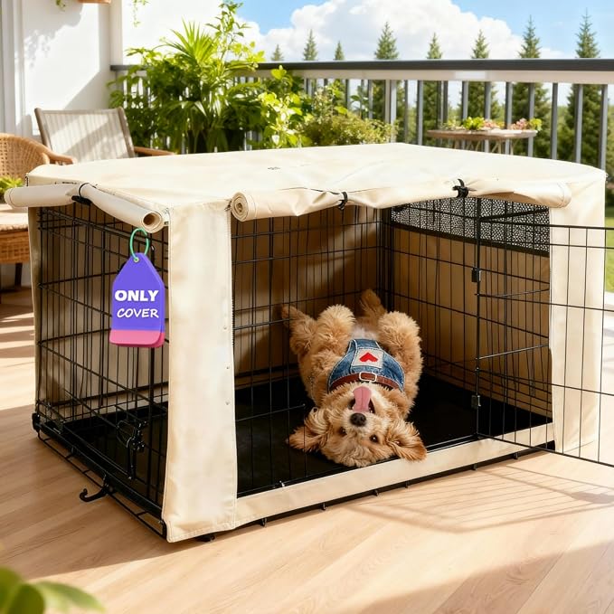 HiCaptain Dog Crate Cover 36.0" L x 23.0" W x 25.0" H with Breathable Mesh, Heavy Duty Kennel Cover, Dual Zippered Panels, Windproof Waterproof(Beige) by HiCaptain