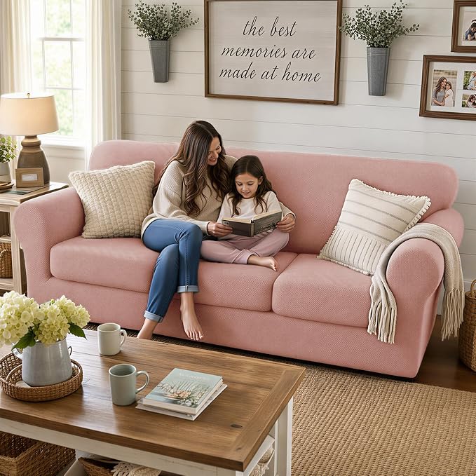 XINEAGE New 3 Pieces Couch Covers for 2 Cushion Sofa Super Stretch Loveseat Slipcover Pet Dog Universal Slip Cover Anti Slip Love Seat Furniture Protector (Dusty Pink, 55"-69") - Image 3