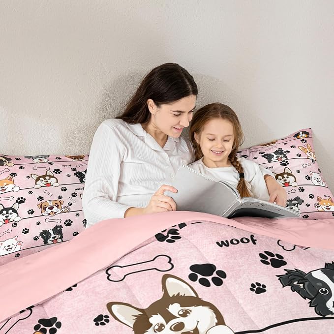 Manfei Cute Dog 3 Pcs Queen Size Comforter Set,Black Paw Bone Print Pink Down Alternative Adults Bedroom Decor,Cartoon Puppy Pet Animals Ultra Soft Microfiber Inner Fill 3Pcs Bedding - Image 7
