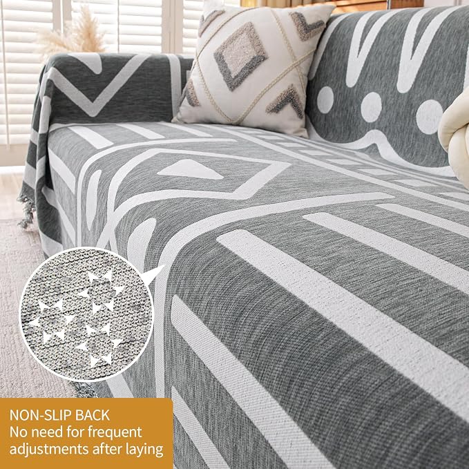 Deep Dream Boho Couch Cover, Non Slip Soft Chenille Sofa Covers for 3 Cushion Couch, Thick Sofa Slipcover Couch Covers Washable Blanket Cover for Living Room (Grey, 71"x134") - Image 3