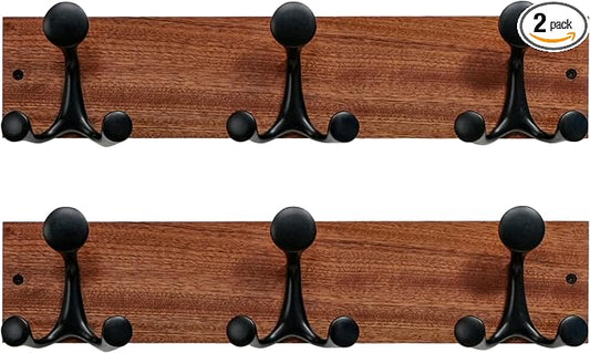 SKOLOO 17-Inch Wood Coat Rack Wall Mount with 3 Triple Hooks - Ideal for Family Entrances, Classrooms, and Pet Supplies Storage - Perfect Coat Hooks for Wall,Mahogany (Sapele), Pack of 2 by SKOLOO