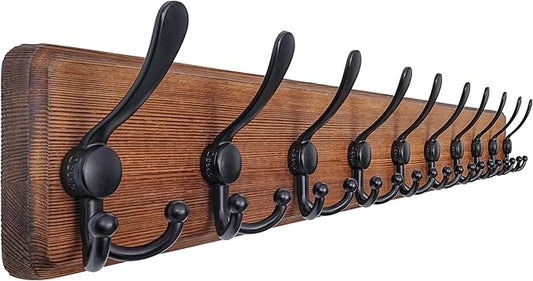 Dseap Coat Rack Wall - Heavy-Duty 38-1/4" Long, with Reinforced 10 Custom Tri-Hooks, Solid Wood Wall Hanger for Coats Hat Jackets - Rustic Farmhouse Entryway Hallway Storage, Natural & Black by Dseap