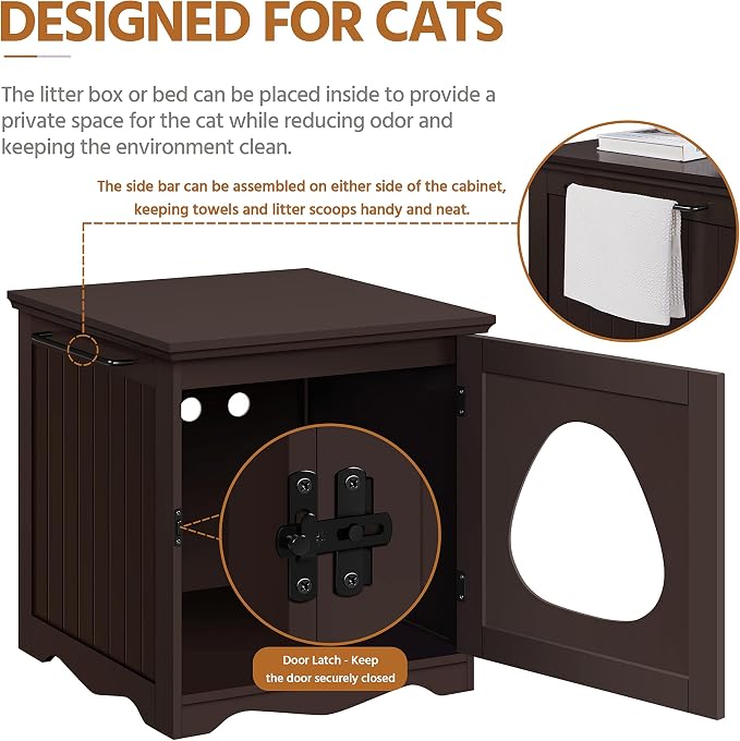 Yaheetech Cat Litter Box Enclosure, Litter Box Furniture Hidden with Towel Bar, Wooden Pet Washroom, Dog Proof Cat Litter Box Cabinet, Indoor Pet House, Side End Table, Espresso - Image 4