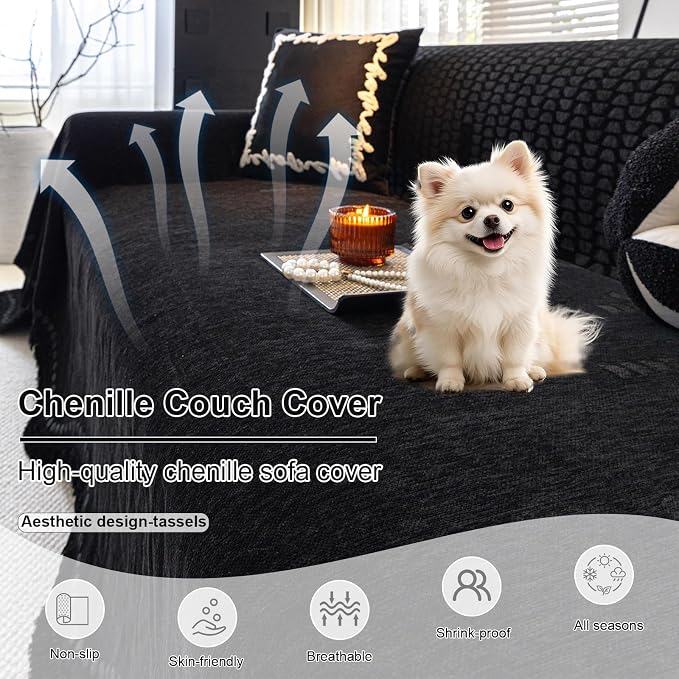 ROOMLIFE Black Sofa Cover, Vintage Boho Couch Cover for 3 Cushion Sofa, Non Slip Soft Chenille Sofa Slipcovers for Dog, Washable Furniture Sofa Protector Cover with Tassel for Living Room, 71''X118” - Image 3