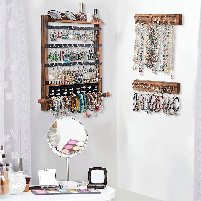 3Pcs Jewelry Organizers and Storage, Wood Earring Organizer | Hanging Jewelry Organizer,Rustic Wall Jewellery Organizer,Wall Mounted Earring Holder for Storage Display Gift (Brown+Black) - Image 3