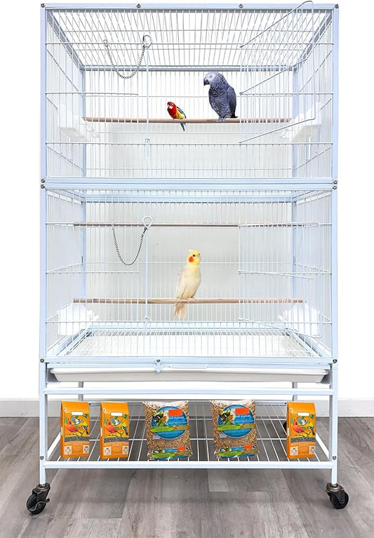 Extra Large Sturdy Wrought Iron Metal Parrot Bird Flight Breeder Home Cage Double Large Front Doors 4 of Side Breeding Nest Doors Rolling Stand with Extra Storage Shelf Lockable Heavy Duty Wheels by Mcage