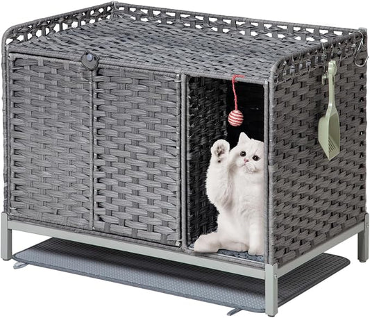 SETVSON Cat Litter Box Enclosure Furniture with Divider, Cat Cabinet,Gray | Handwoven PE Rattan with Soft Mat, 3.54-In Heightened Metal Feet, 2 S-Hooks, 31.2 x 19.6 x 24.2 Inches Spacious Cat Furniture by SETVSON