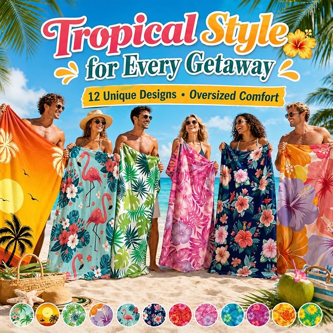 12 Pack Microfiber Beach Towel Set 32x71 Oversized Extra Large Swim Pool Towel Soft Fiber Beach Towels Set for Summer Travel Spa Swim Pool Accessories Vacation Essential Gift(Hawaii Tropical) - Image 5