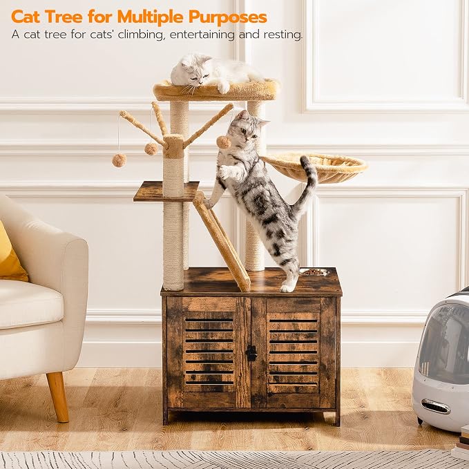 HOOBRO Cat Tree with Litter Box Enclosure, 44" Tall Wooden Cat Tower with Scratching Posts, Cat Hammock, Hidden Litter Box Furniture, All-in-One Indoor Cat Condo, Rustic Brown FG48MZ03 - Image 4
