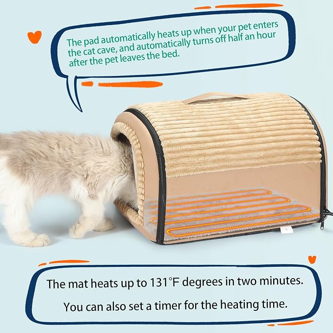 Smart Heated Cat Bed Cave Pet House for Indoor Cats & Small Dogs, Washable & Foldable with Removable Cushion, 17.72x14.96x12.6 inches, Brown - Image 2