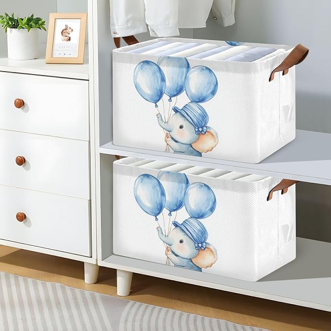 Cute Baby Elephant with Blue Balloon Storage Basket with Labels&Handles Rectangular Waterproof Nursery Storage Bins Collapsible Shelf Organizer Baskets for Kids Books Cloth Gift Basket Toys Laundry - Image 2