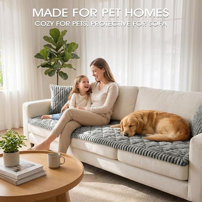 Non-Slip Washable Couch Cover for Dogs, Thick Plush Grid Flannel | 27.6"x70.9", Light Gray, 0.8" Thick, Rubber Dot Backing, Pet-Friendly Protector for Sofa, Floor, Window Seat, Car or Camping - Image 2