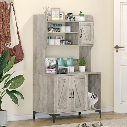 IDEALHOUSE Cat Litter Box Enclosure with Shelves and Doors,Wood Sturdy Hidden Litter Box Furniture,Indoor Cat House Furniture for Most of Litter Box,Litter Box Cabinet,Grey by IDEALHOUSE