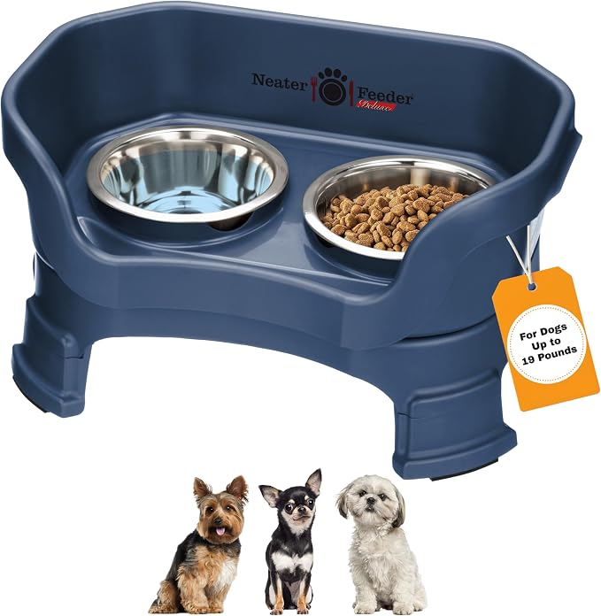 Neater Feeder Deluxe Mess-Proof Elevated Dog Bowls for Small Dogs (Up to 19 lbs), 2 Height Adjustable (6” & 7.5”) No-Spill Raised Dog Bowl Stand, Stainless Steel Food Bowl Set, Made in USA, Dark Blue by NeaterPetBrands