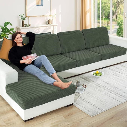 【Clearance】 Stretch Individual Cushion Covers Sofa Seat Cushion Slipcovers Soft Couch Cover Replacement Large Checkered Furniture Protector with Elastic Bottom (3 Pc Cushion Cover, Army Green) by YEMYHOM