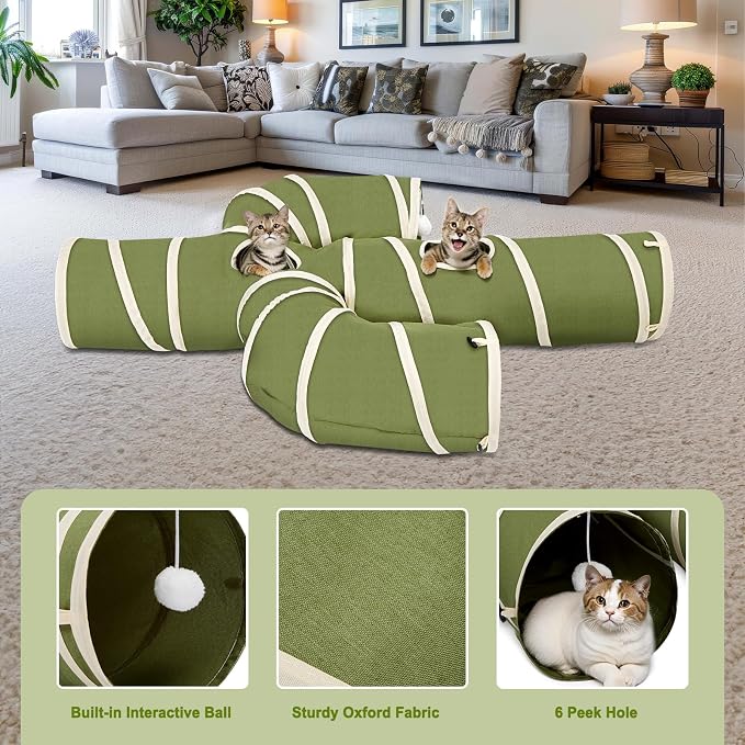 Ownpets Cat Tunnel Large 12 inch Diameter, Cactus-Shaped Cat Tunnel Toy, Sturdy Oxford Fabric Collapsible Cat Tunnels for Indoor Cats, Interactive Peek Hole Pet Tunnel Tube with Cat Wand Toy, Green - Image 3