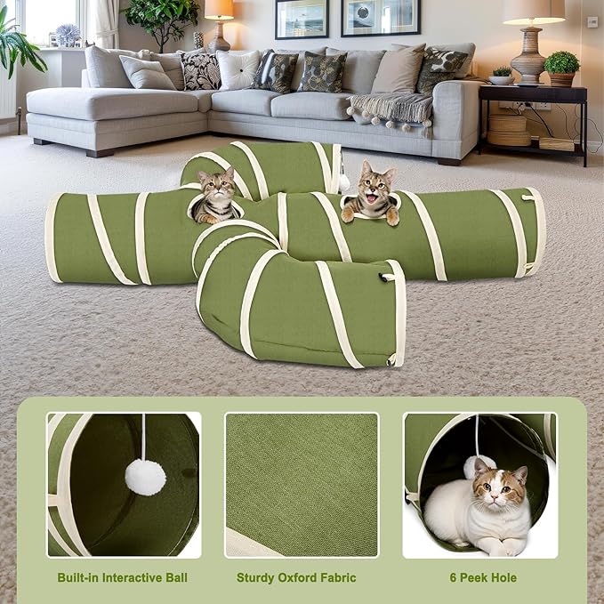 Ownpets Cat Tunnel Cactus-Shaped, Sturdy Oxford Fabric Collapsible Cat Tunnels for Indoor Cats,Interactive Peek Hole Pet Tunnel Tube with Cat Wand Toy, Green - Image 2