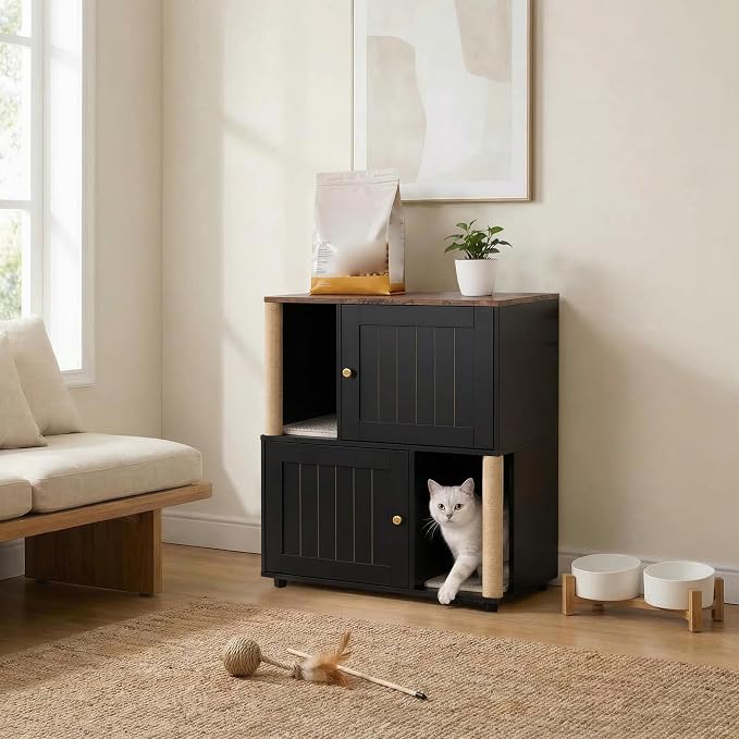 Litter Box Cabinet, Hidden Cat Litter Box Furniture with Dual Compartments, Odor Control & Scratch-Resistant Panels, Compact Enclosure for Multiple Cats, White Black Grey - Image 8