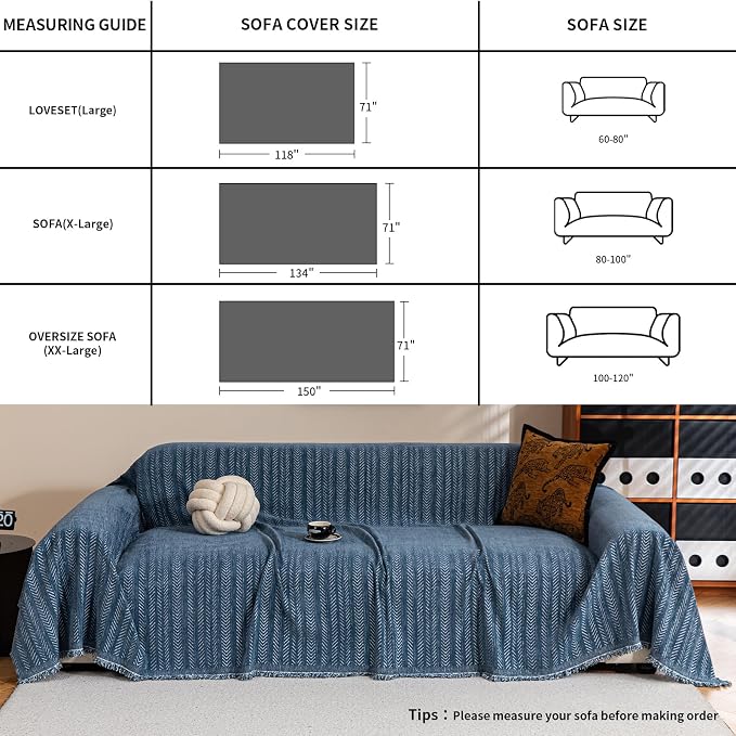 Sofa Covers for 3 Cushion Couch Seat, Loveseat Non Slip Couch Cover Chenille Strip Couch Throw Blankets with Tassels, Sectional Sofa Slipcovers Furniture Protector for Pets, Kids 71"x150", Dark Blue - Image 4
