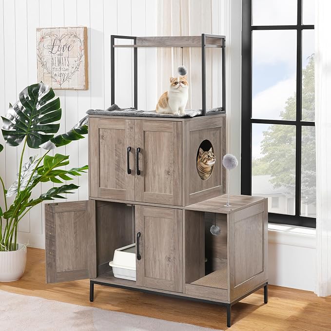 HOOBRO Cat Litter Box Enclosure Furniture, 2 in 1 Hidden Litter Box Furniture with Shelf, Double Litter Box Cabinet with 2 Dangling Plush Balls and 1 Toy Ball, Greige and Black BG78MW01 - Image 2