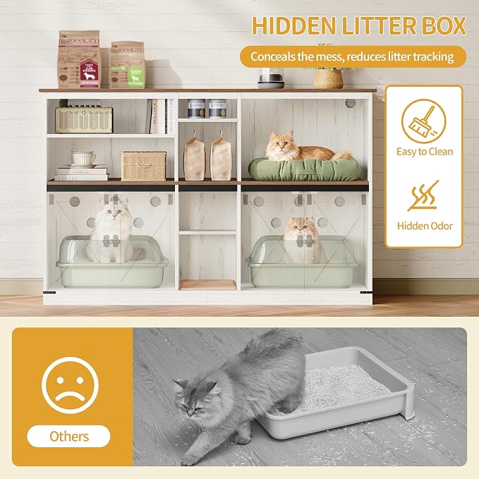 Hzuaneri Double Cat Litter Box Enclosure for 2 Cats, Cat Cabinet with Large Storage Space, Hidden Litter Box with Scratch Pad, Farmhouse Cats House, TV Stand End Table, Rustic Brown and White CB97014X - Image 4