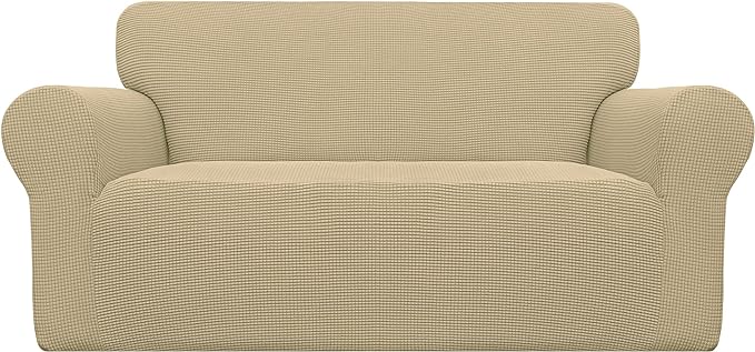 Easy-Going Stretch Loveseat Couch Covers Washable Beige | 1-Piece Loveseat Covers for 2 Cushion Couch Furniture Protector RV Sofa Slipcover Soft with Bottom for Kids Pets by Easy-Going