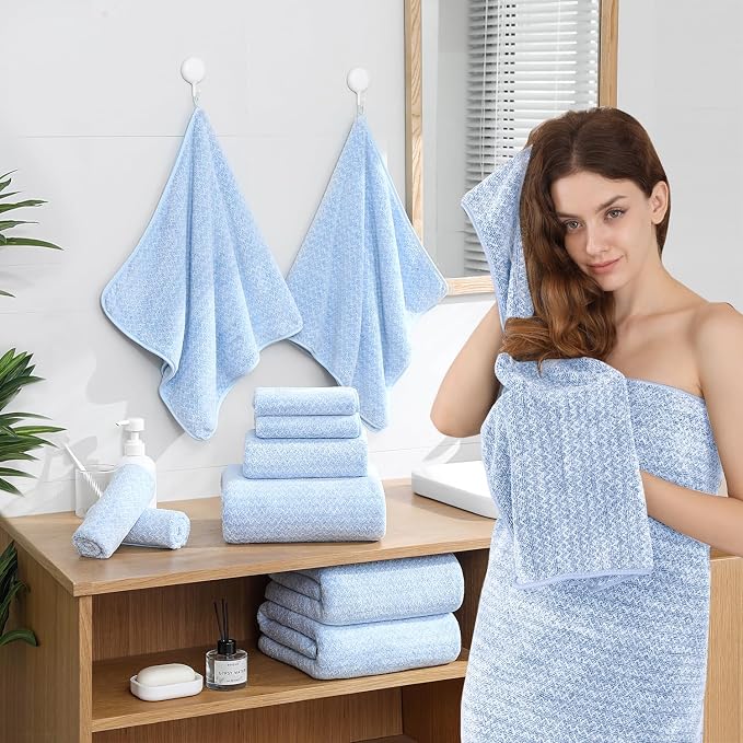 Ycosy 18 Piece Bath Towels Set,100% Microfiber Family Bathroom Towel with Hanging Loops-6 Bath Towels,6 Hand Towels,6 Washcloths,Quick Dry Highly Absorbent Shower Towel for Bathroom,Hotel,Spa-Blue - Image 4