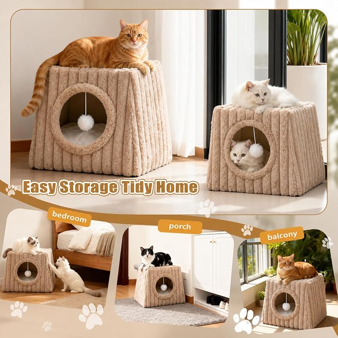 Dogpals Indoor Cat House - Large Cat Cave Bed with Fluffy Balls, Foldable Cat Bed Cave and Apartment with Pads, Suitable for Multiple Small and Large Cats, 18.5x15.4x15.4inches (Khaki, XL) - Image 6