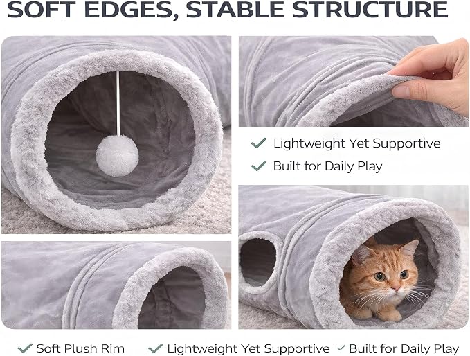 Cat Tunnel for Indoor Cats, Collapsible Cat Play Tunnel Toy | S-Shaped Tunnel, Peephole & Hanging Ball, Foldable Storage, 10.2" Opening for Kittens and Indoor Cats - Image 6