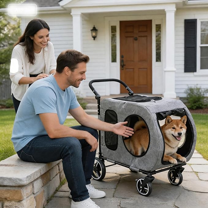 Large Dog Stroller for Medium Dogs，Pet Stroller for 2 Small Dogs, Foldable Jogger Wagon with Detachable Carrier for Car Seat, Adjustable Handle, Up to 90 lbs, Gray