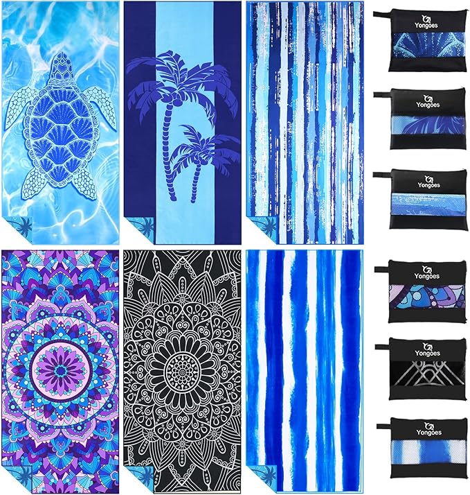 Yongoes 6 Pack Microfiber Beach Towel Oversized 71x32 Colorful Print Bulk | Lightweight Thin,Sand Free,Super Absorbent Quick Dry Large Towels for Swim Pool Bath Travel Vacation Accessories Essentials by Yongoesbeachtowel