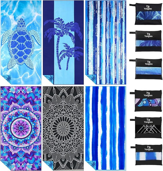 Yongoes 6 Pack Microfiber Beach Towel Oversized 71x32 Colorful Print Bulk | Lightweight Thin,Sand Free,Super Absorbent Quick Dry Large Towels for Swim Pool Bath Travel Vacation Accessories Essentials by Yongoesbeachtowel