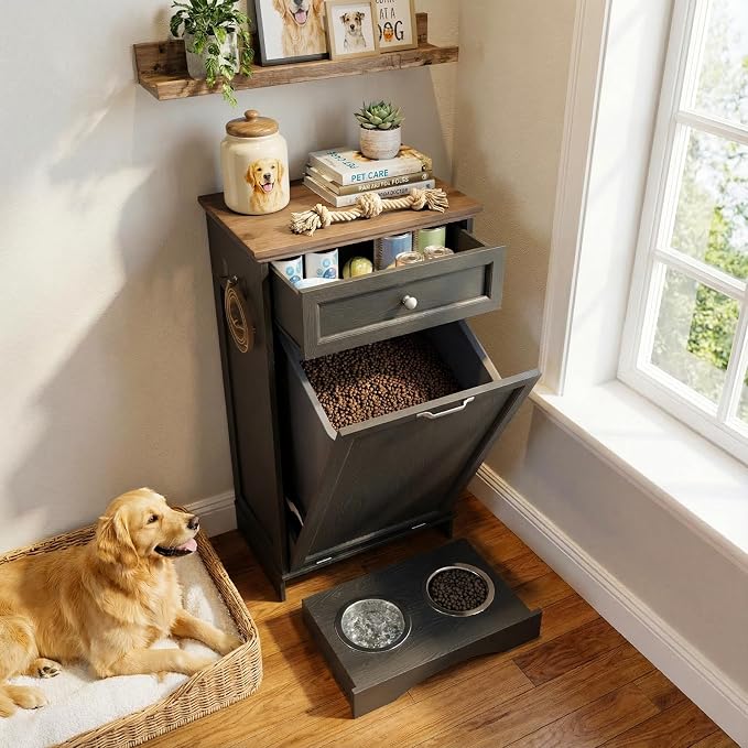 21’’W Dog Feeding Station with Storage, Tilt Out Dog Food Cabinet with Drawer, 2 Feeding Bowls, Pet Food Storage, Cat Feeding Station, Dogs Storage Organizer, (Black, Single Door) - Image 7