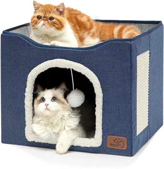 Bedsure Cat House Bed for Indoor Cats with Fluffy Ball and Scratch Pad,Blue | 16.5x16.5x13 in,Large Cat Cave for Multiple Pets,Foldable Cat Hideway Cube for Sleeping Kitten by Unknown